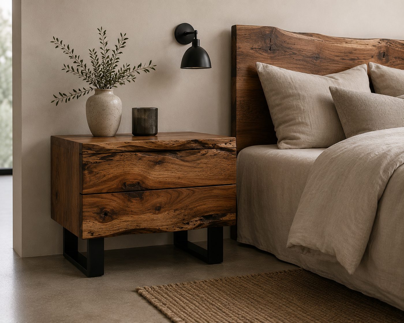 Custom live-edge timber bedside table with drawers, handcrafted in Canberra