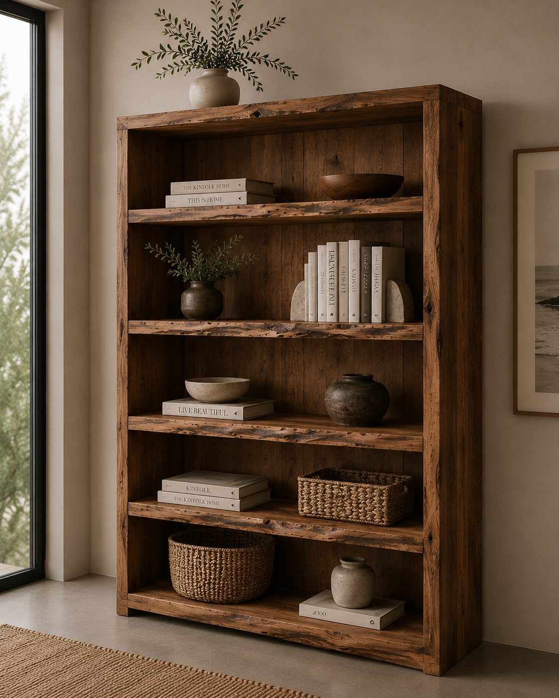 Custom solid timber bookshelf with live-edge shelves, handcrafted in Canberra