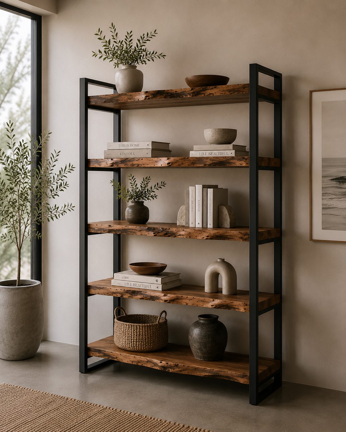 Custom live-edge timber shelving unit with black steel frame, Canberra