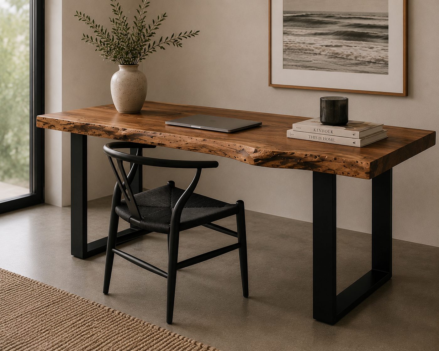 Custom live-edge timber desk with black steel legs, made to order Canberra