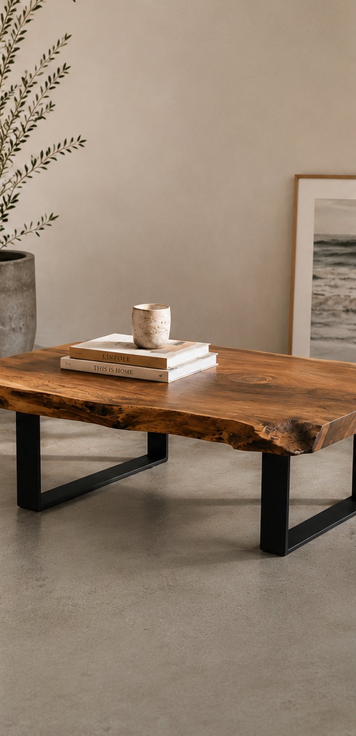 The Drift — live-edge timber coffee table with black steel legs, handcrafted in Canberra