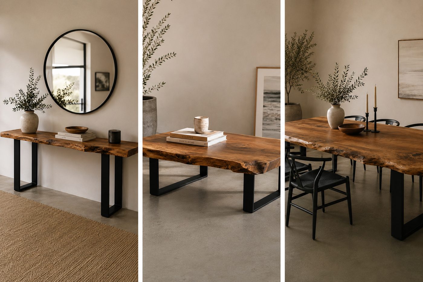 Live-edge hallway table, coffee table and dining table with black steel legs — Wind and Sea Canberra
