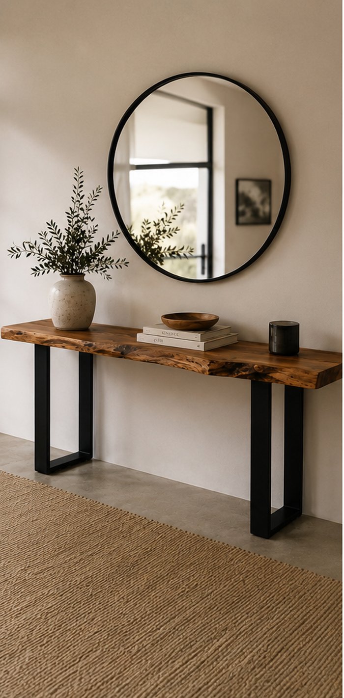 The Tide — live-edge timber hallway table with black steel legs, handcrafted in Canberra